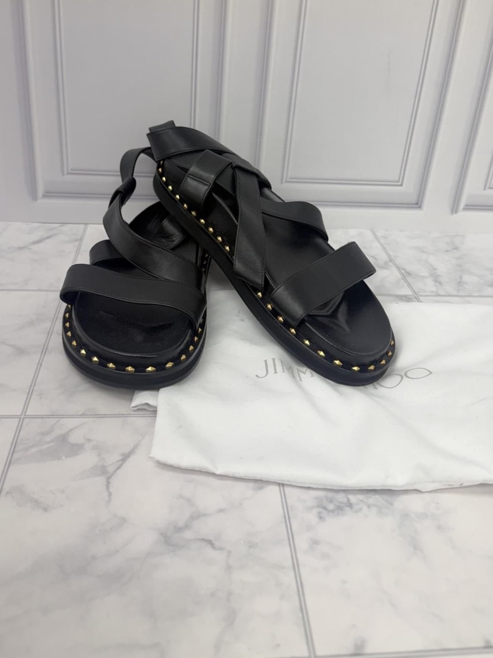 Jimmy Choo Black Leather Crisscross Sandals with Gold Stud Trim